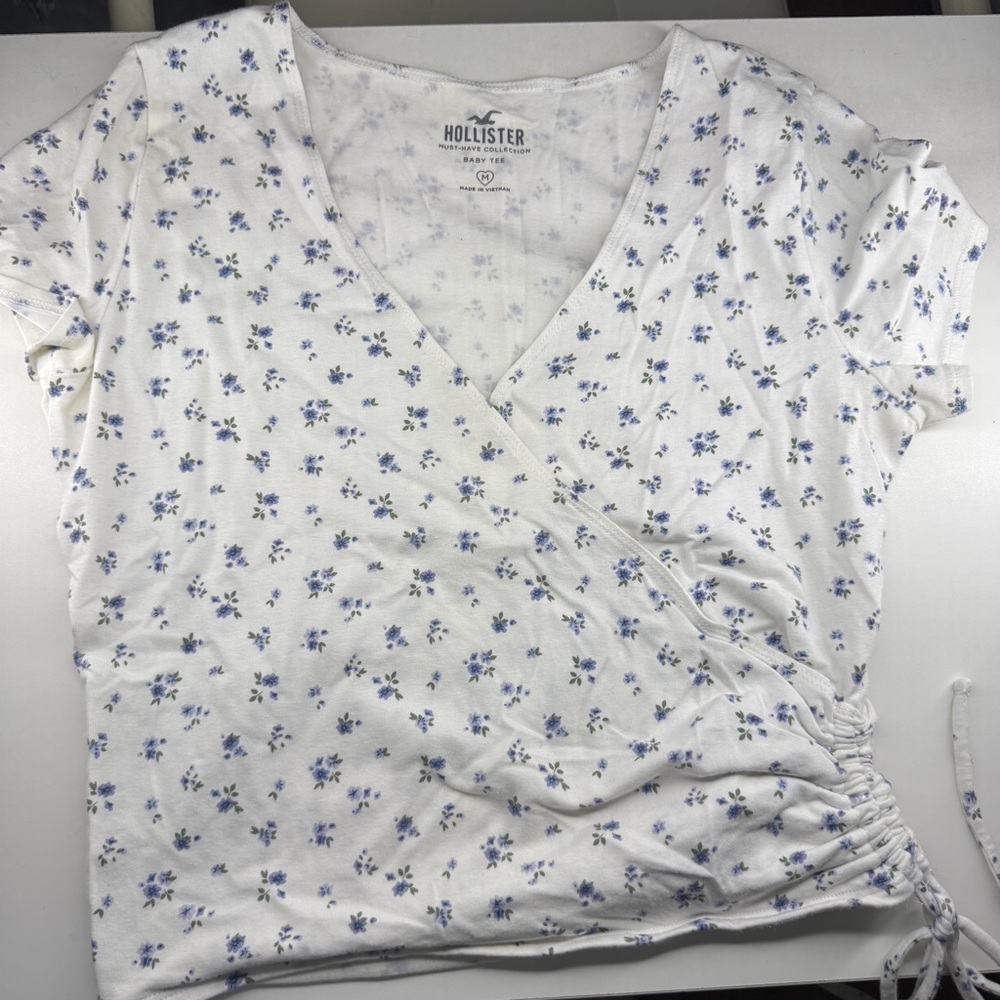 Hollister White and Blue Floral Wrap Blouse